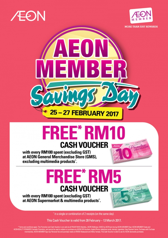 AEON Member Savings Day - Free RM5 / RM10 Cash Voucher on Purchase