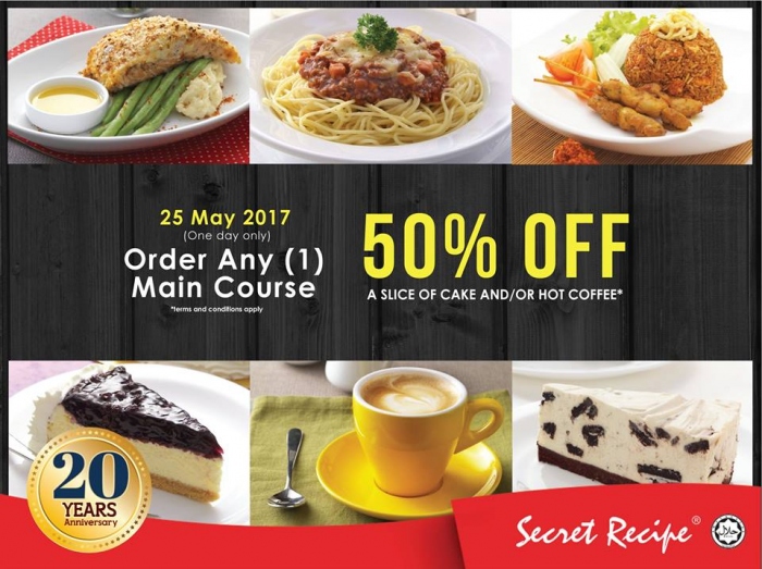 Secret Recipe 20th Anniversary Promotion - 50% OFF A Slice of Cake or Coffee